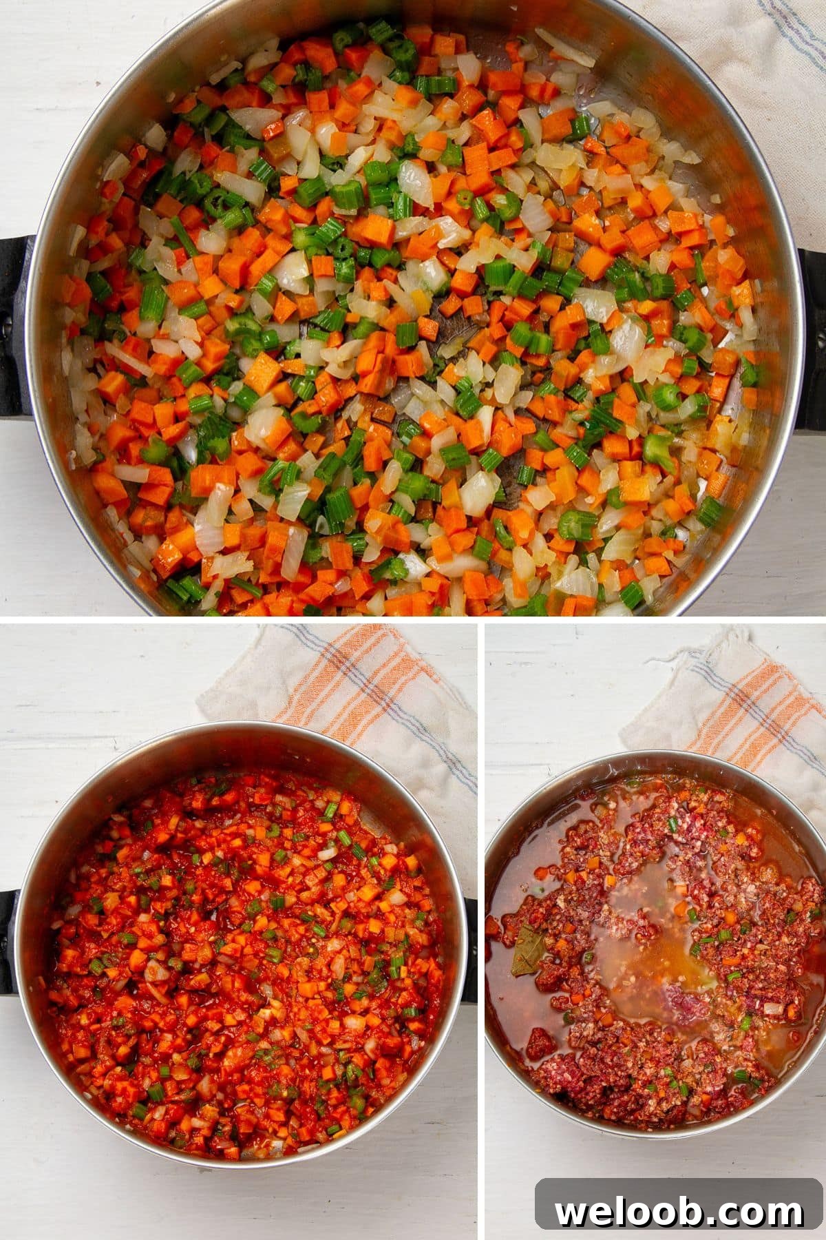 Collage of 3 pictures showing the steps for making ragu sauce.