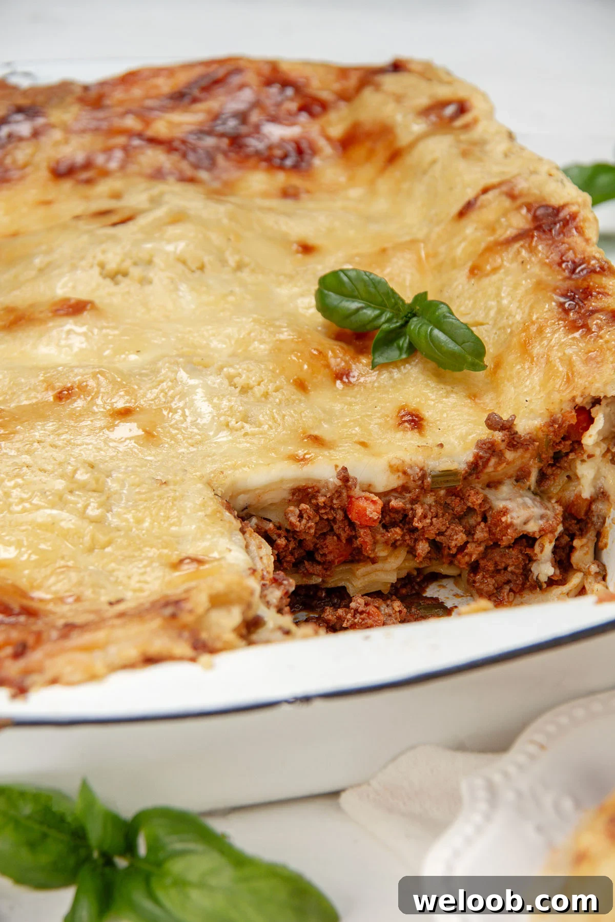 Dish of baked lasagna with béchamel.