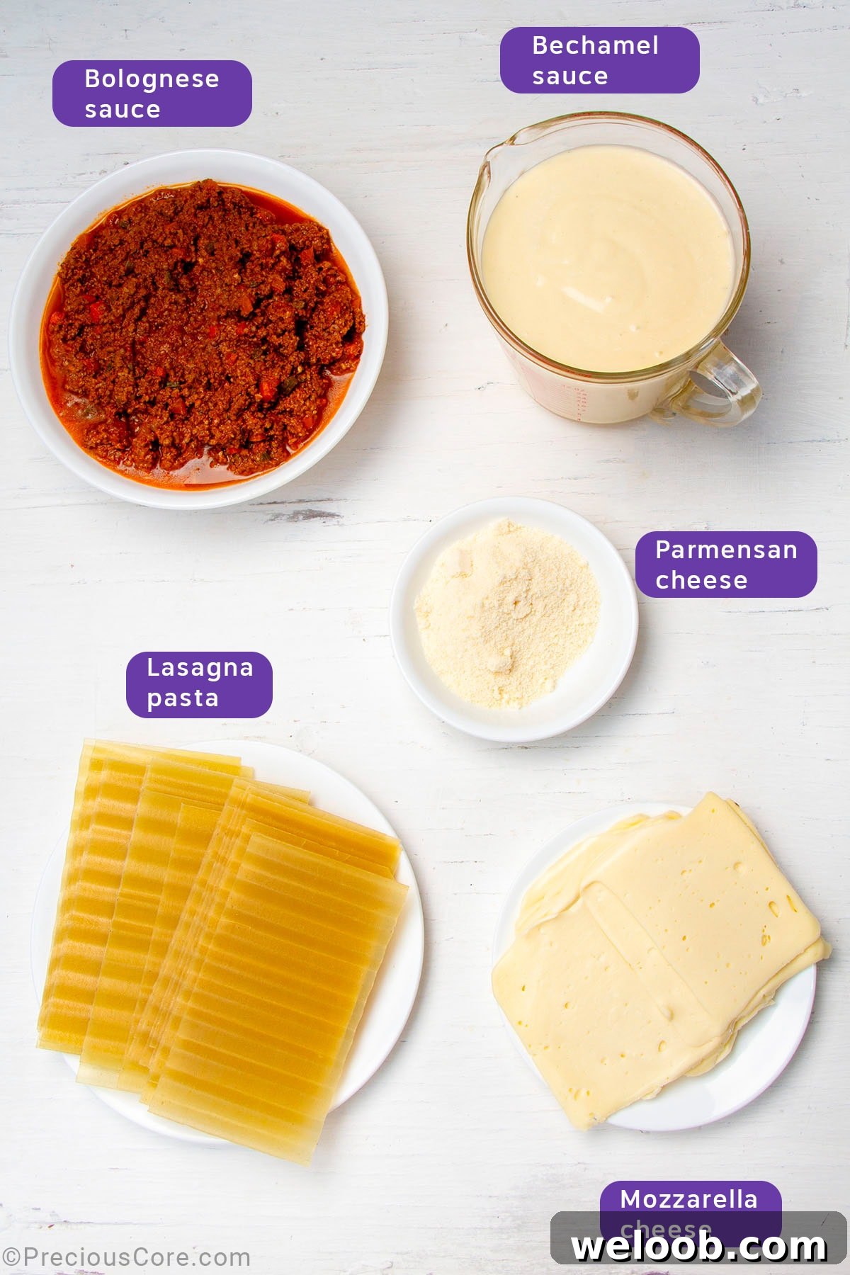 Ingredients for lasagna with béchamel sauce.