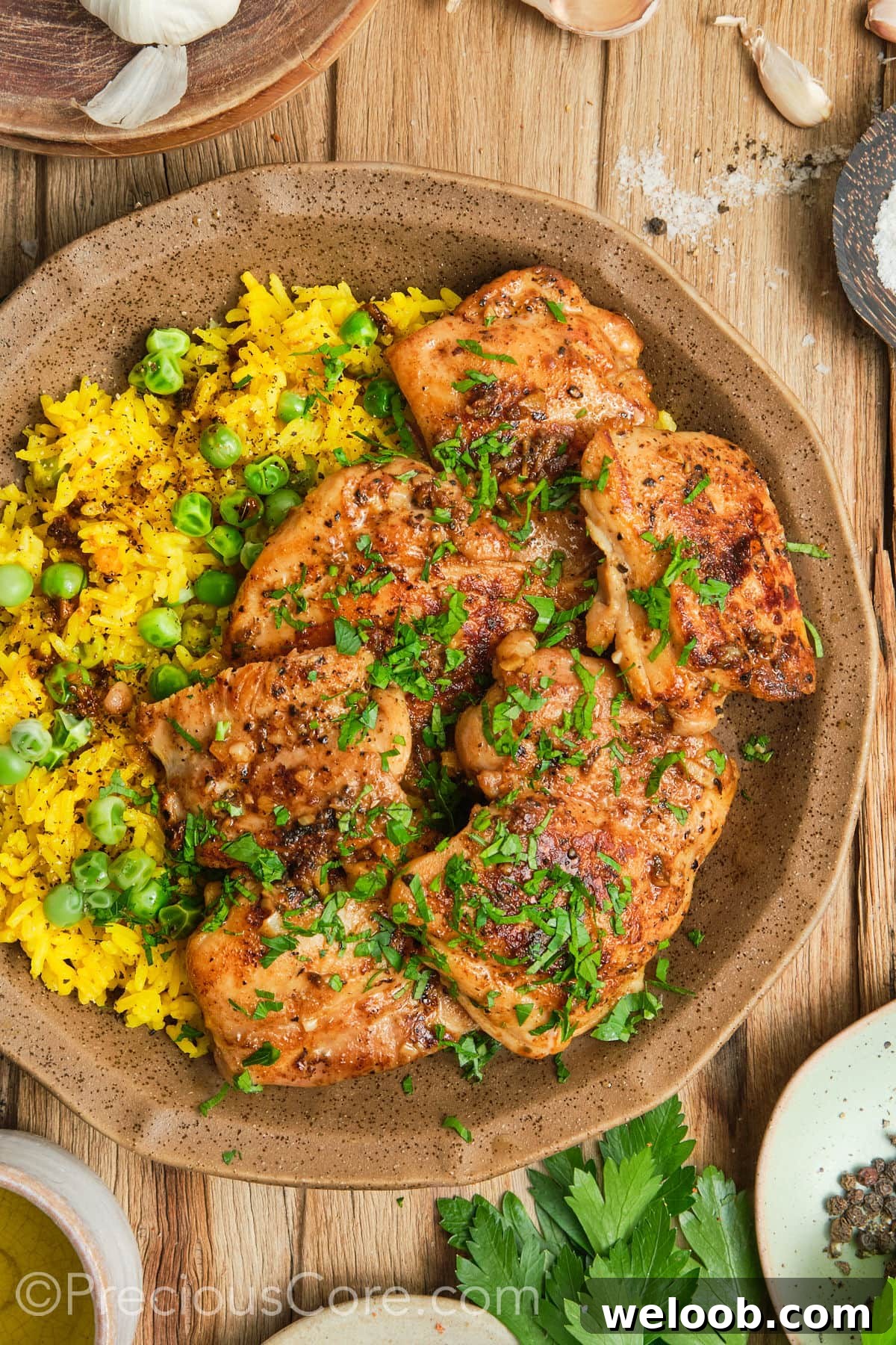 Pan Seared Boneless Chicken Thighs with yellow rice.