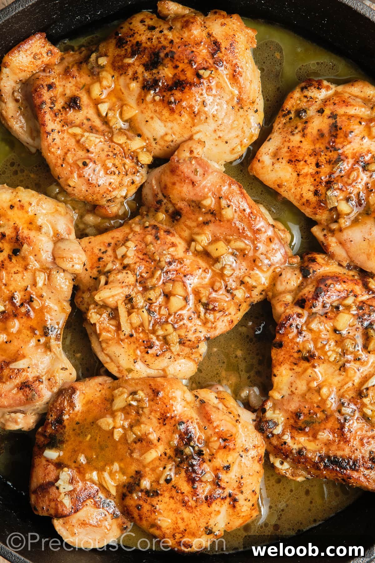 Cooked Pan Seared Boneless Chicken Thighs.