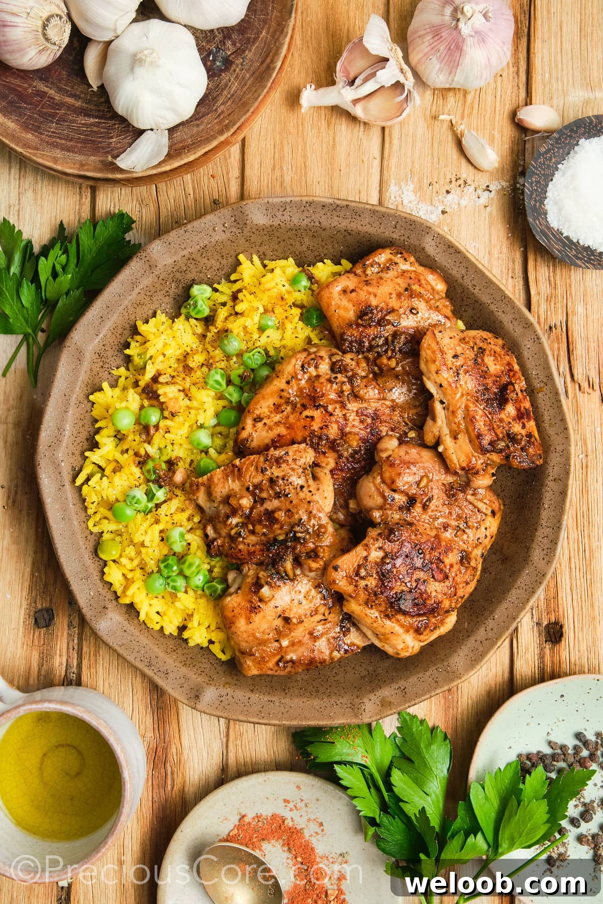 Glistening golden chicken thighs in a bowl with rice.