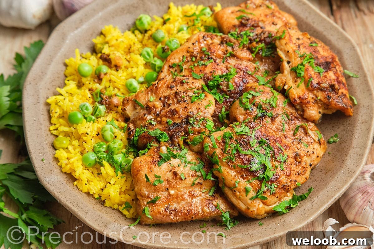Landscape image of pan-seared boneless chicken thighs.