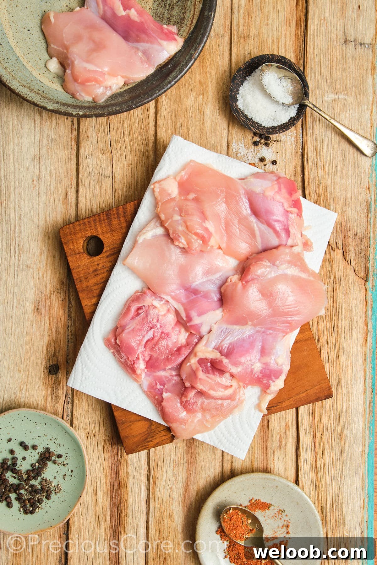 Patting chicken thighs dry with paper towels.