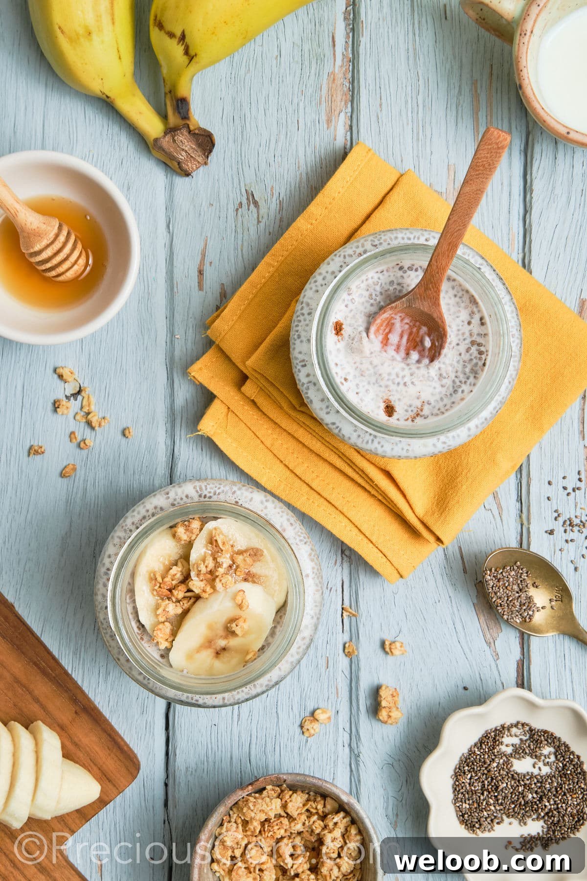 Close-up of set banana chia pudding.