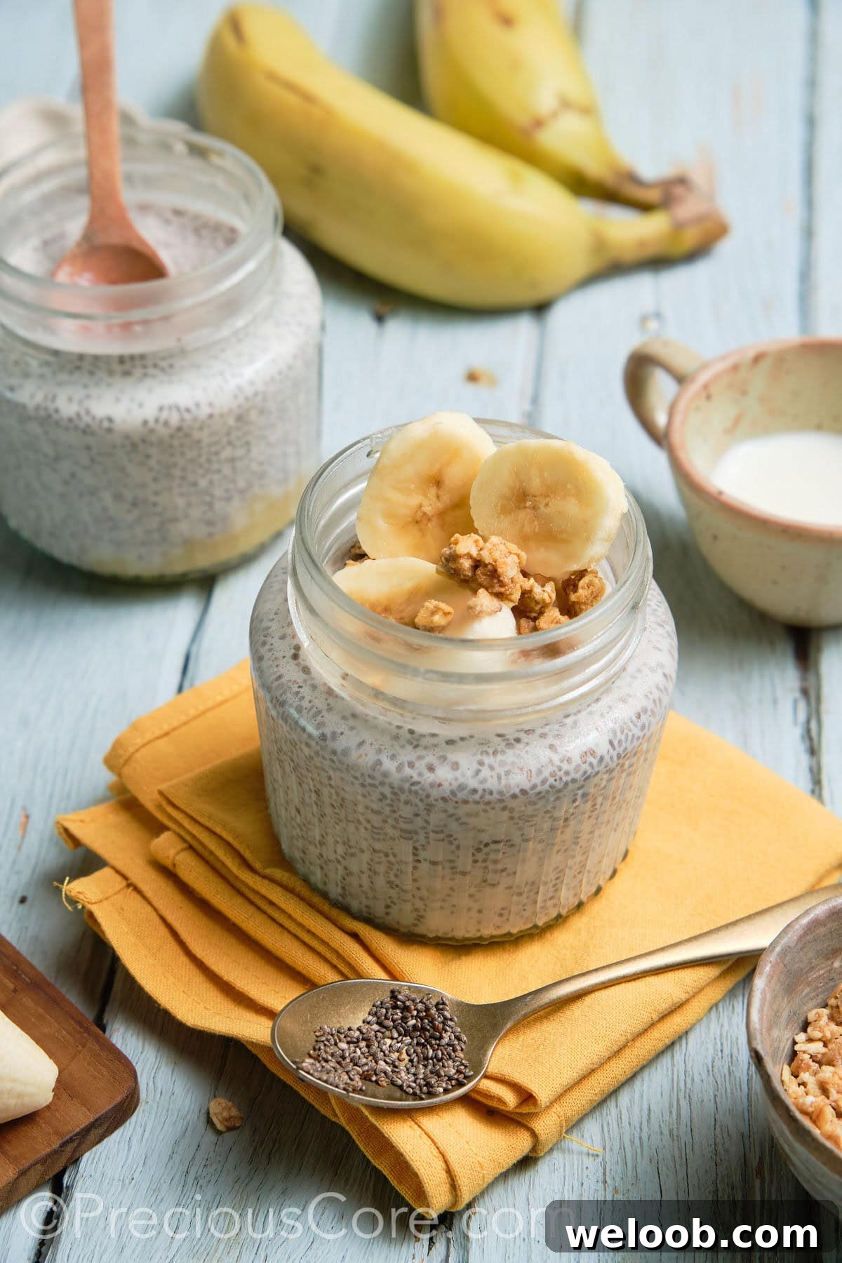 Two jars of banana chia pudding.