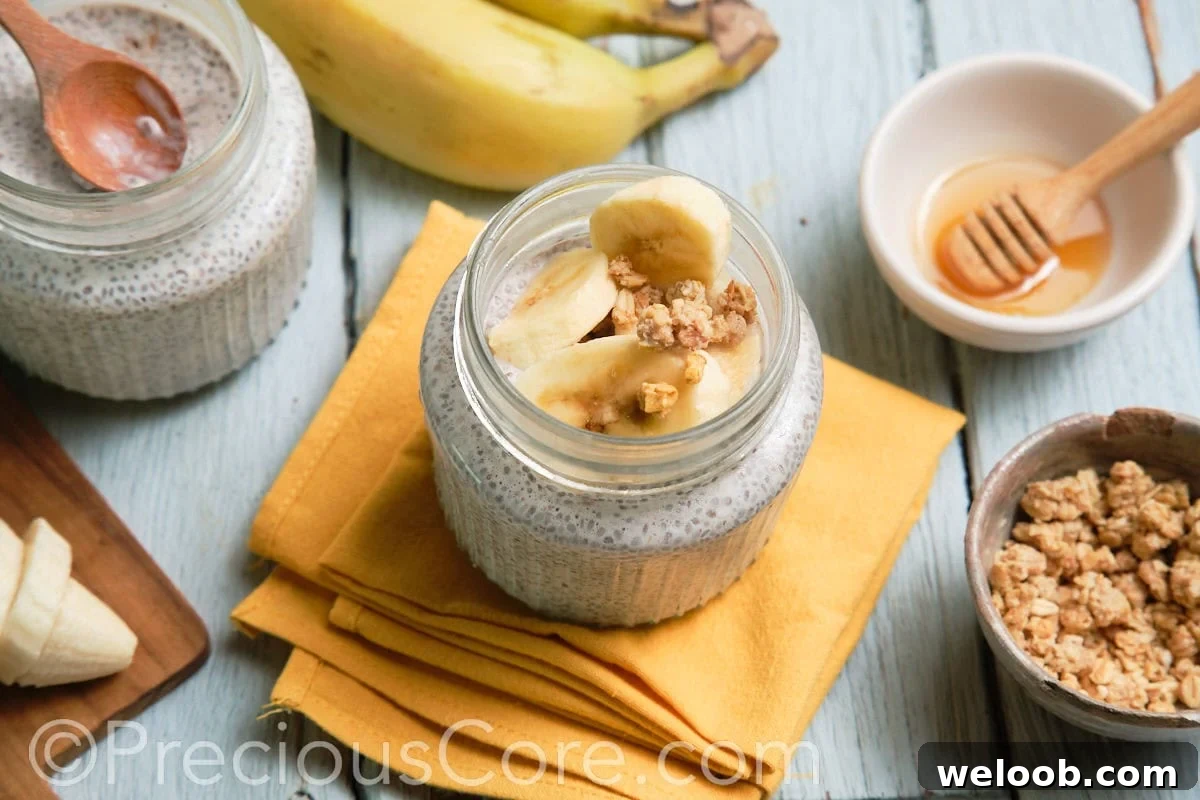 Banana chia seed pudding in a glass jar.