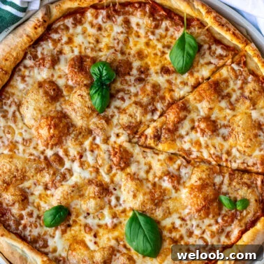 Square image of homemade cheese pizza.