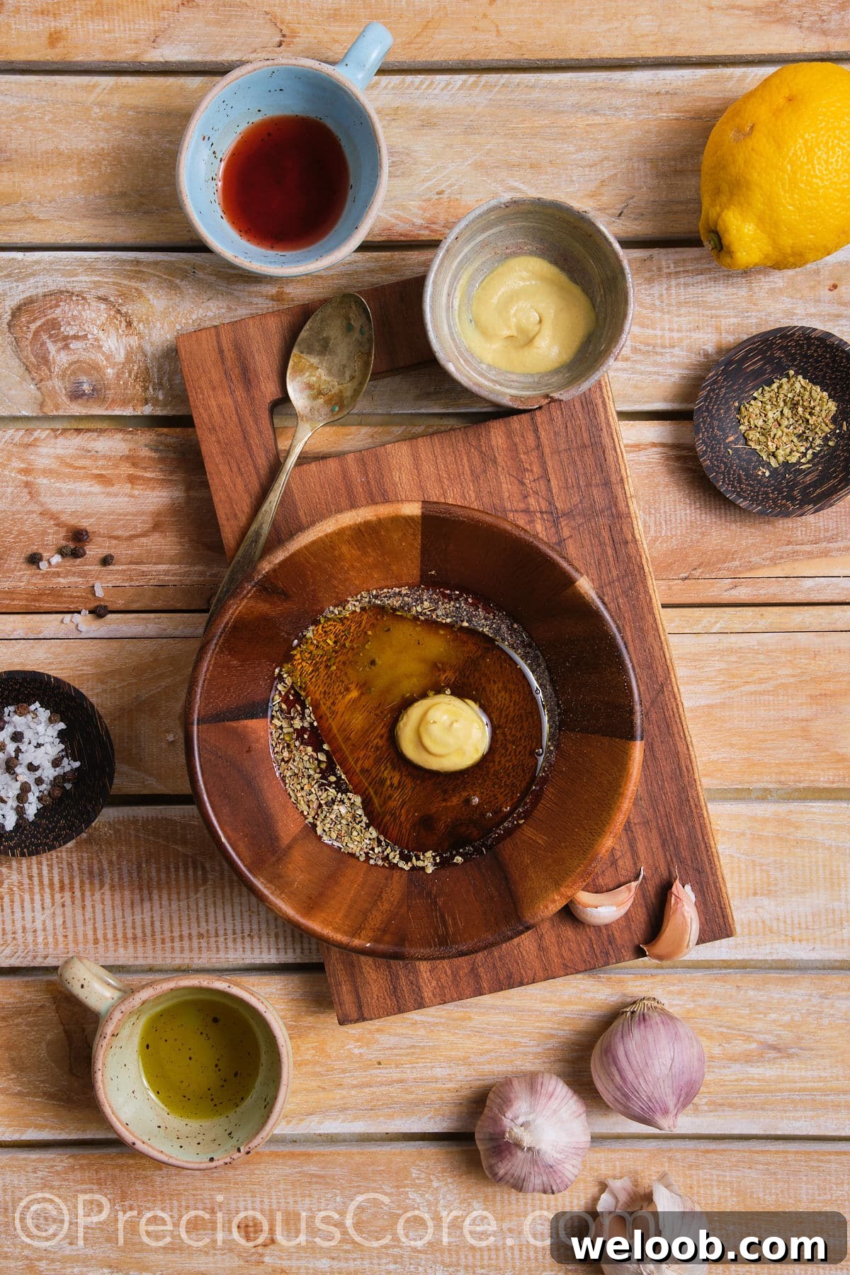 Salad dressing ingredients in a bowl.