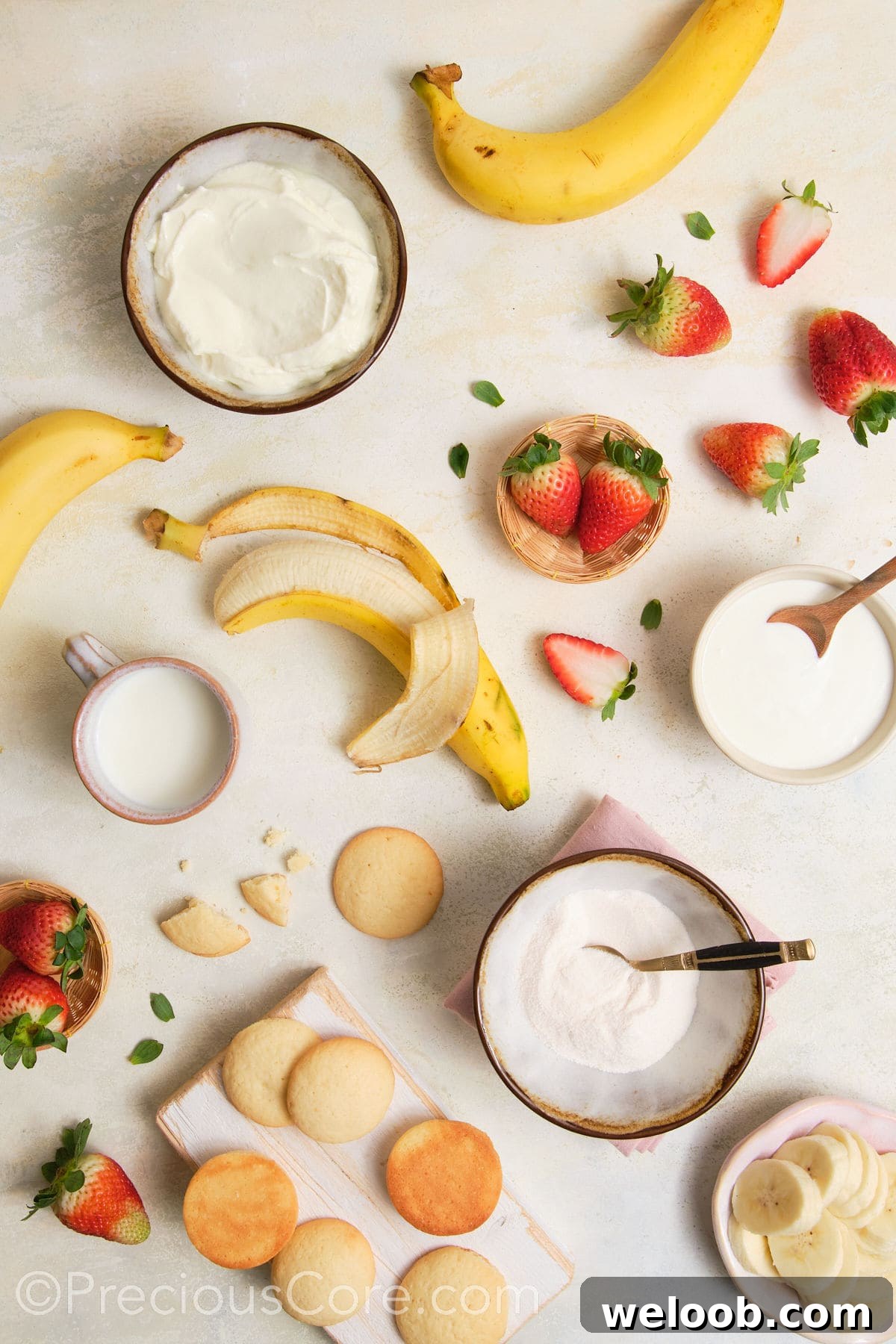 Ingredients for strawberry banana pudding.