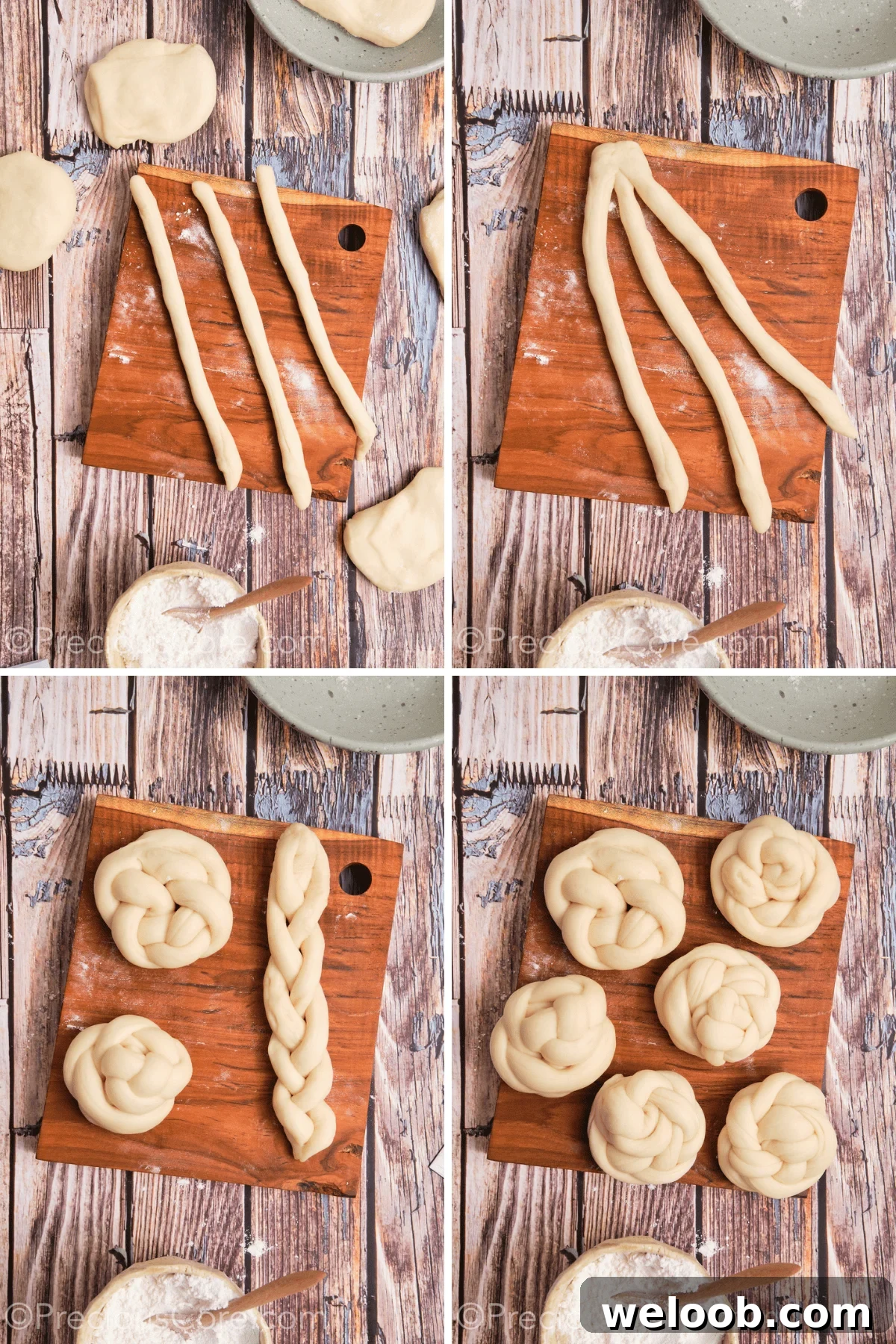 Shaping dough into braided knots.