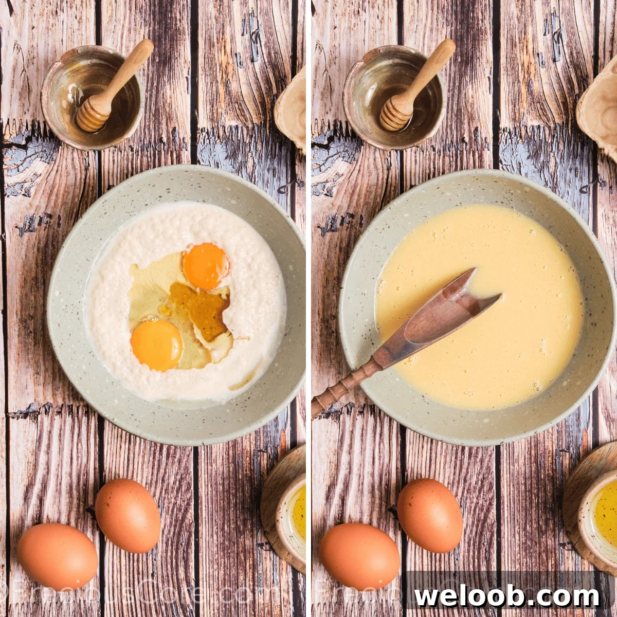 Adding eggs and wet ingredients to yeast mixture.