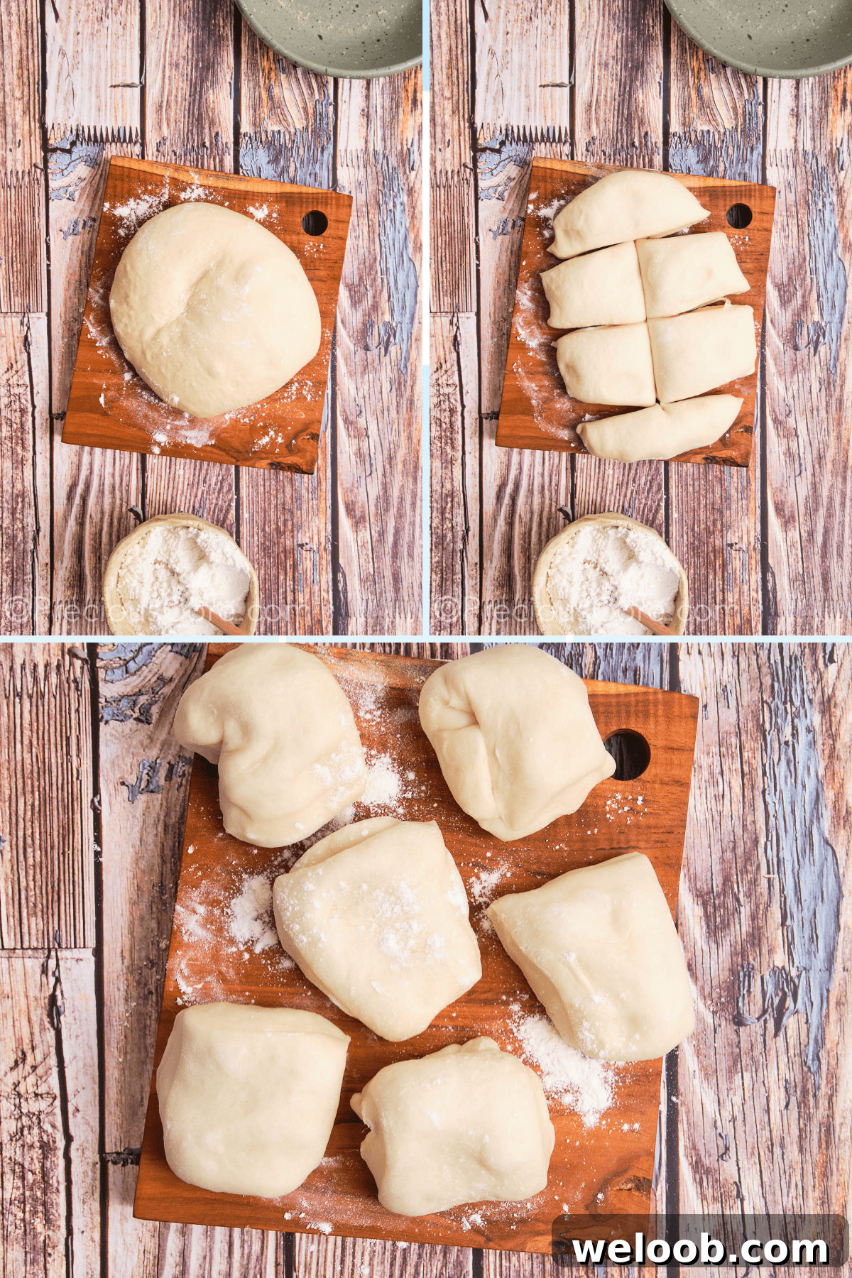 Cutting challah dough into equal portions.