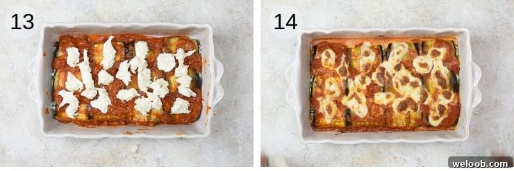 Two photos of the final stage of making eggplant rollatini