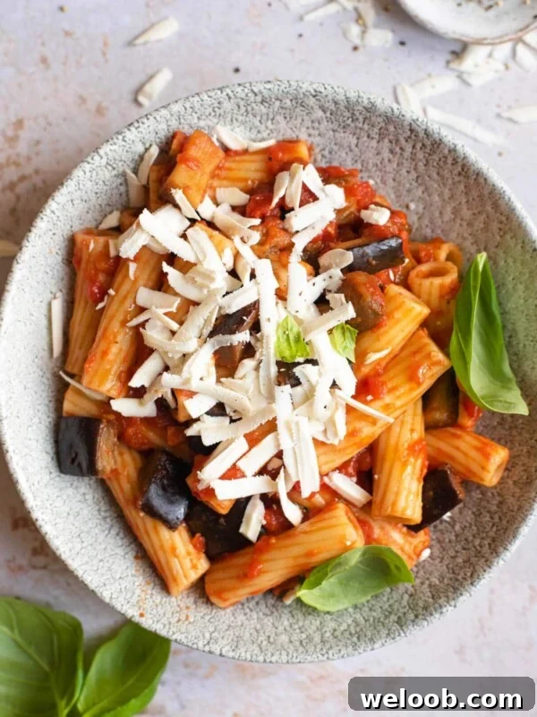 An overhead shot of Pasta alla Norma in a bowl topped with cheese