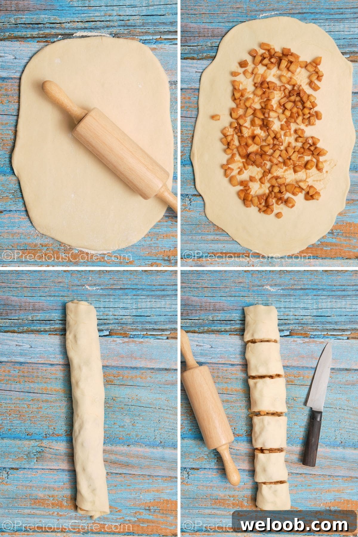 Step by step pictures of rolling dough, filling it and cutting into cinnamon rolls.
