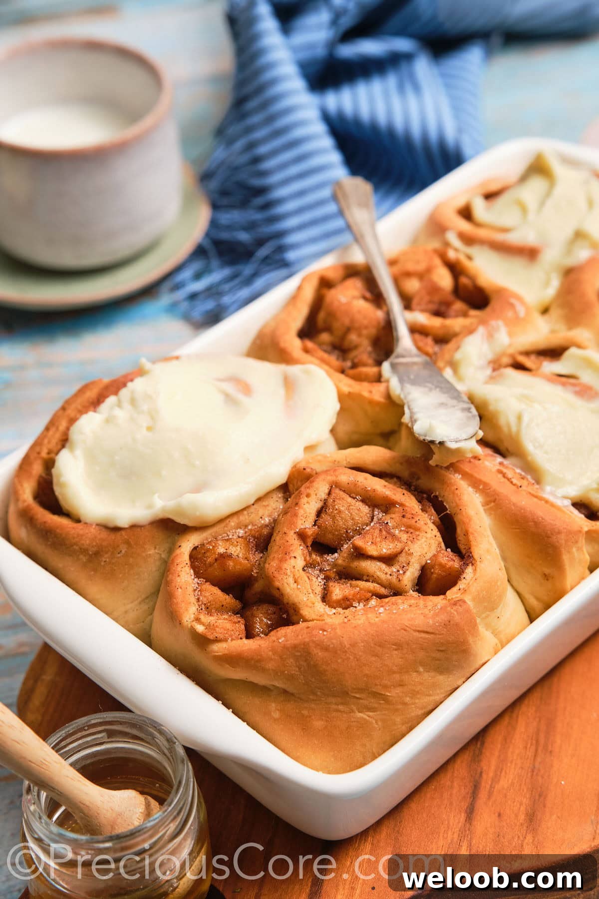 Close shot showing filling of cinnamon roll.