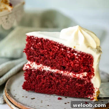 Square image of red velvet cake.