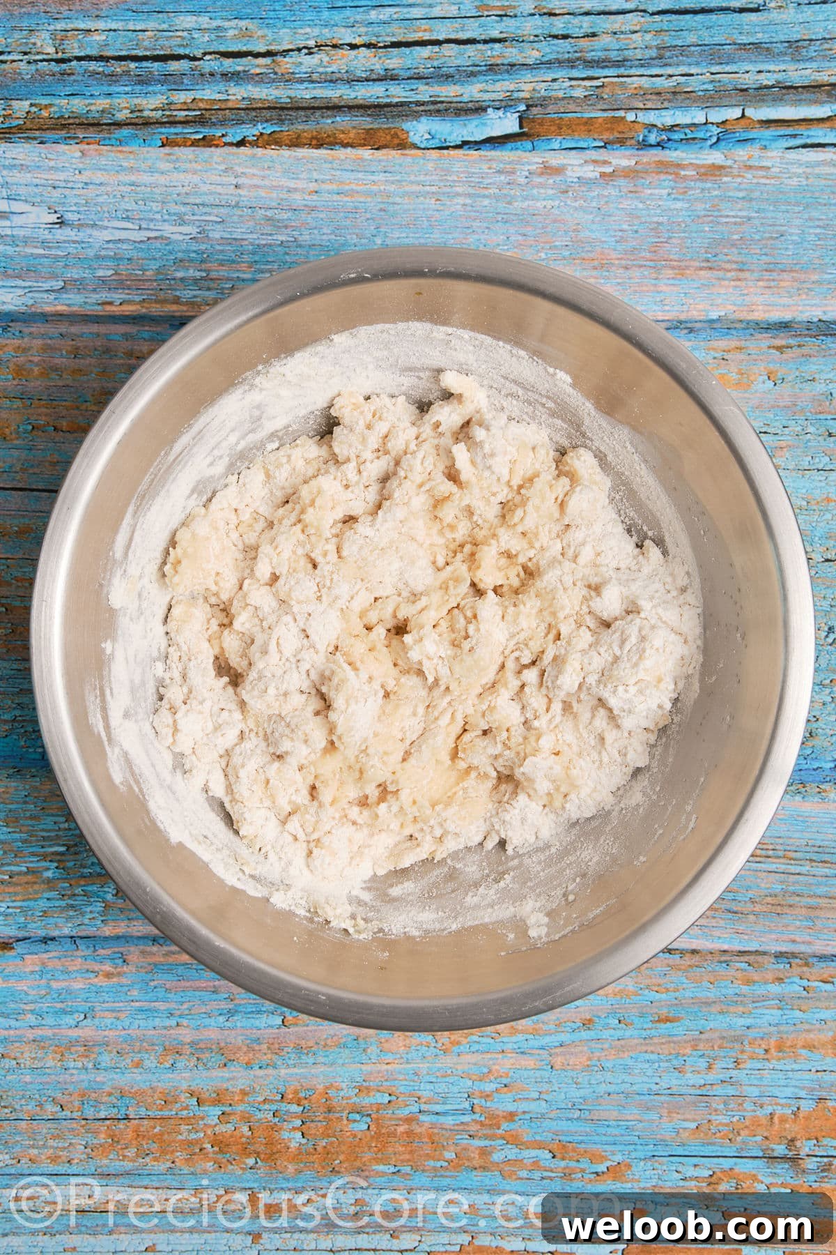Mixing flour into wet ingredients for dough.