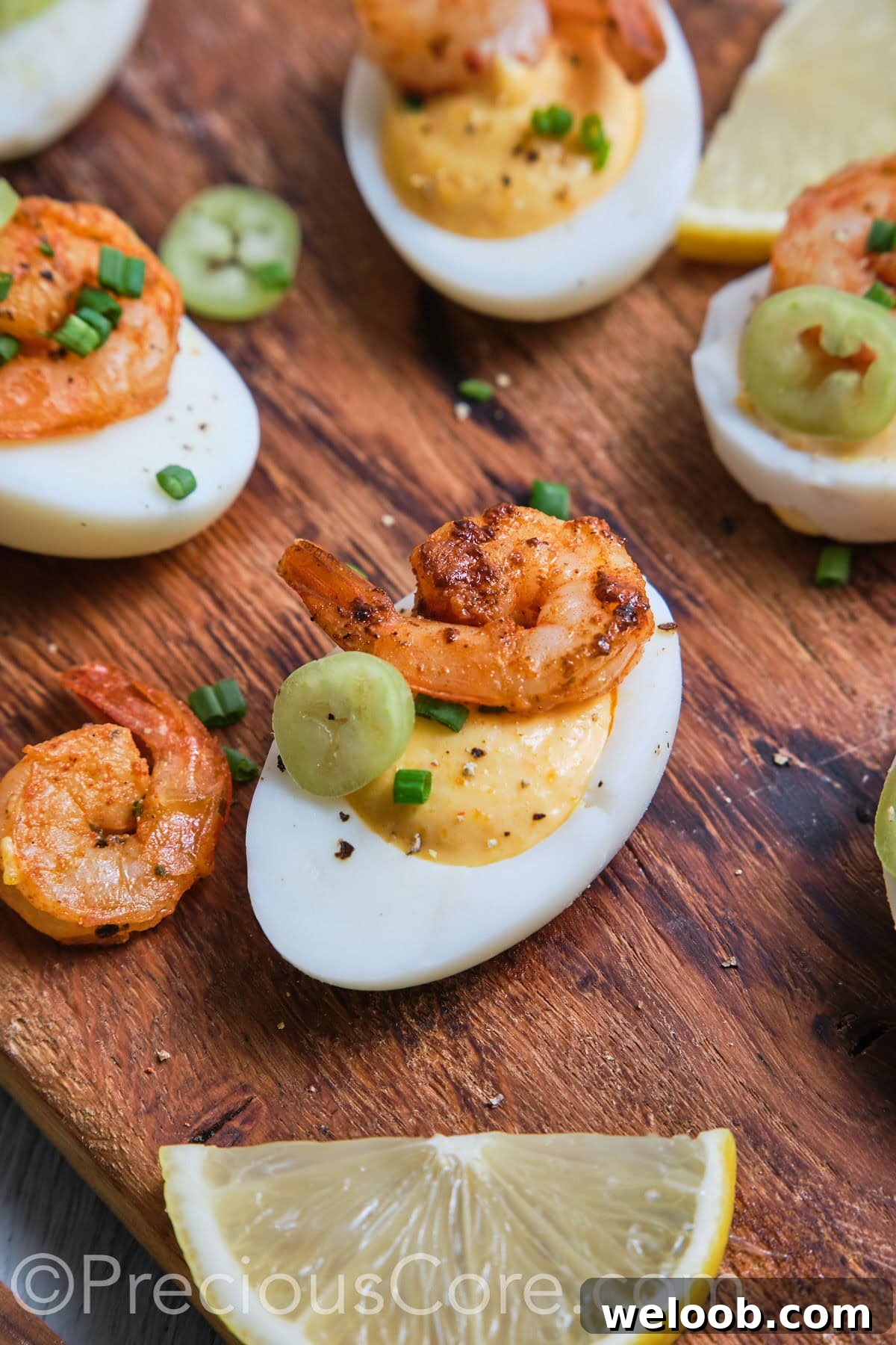 Close-up of a deviled egg topped with shrimp.