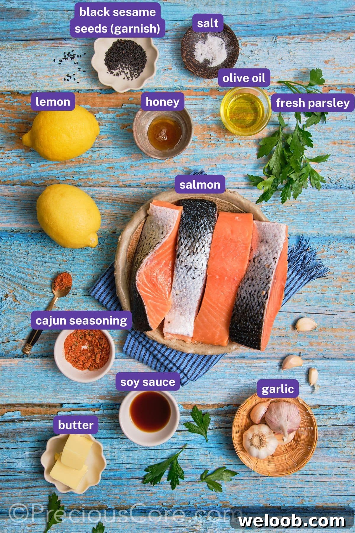 Cajun honey butter salmon ingredients with labels.