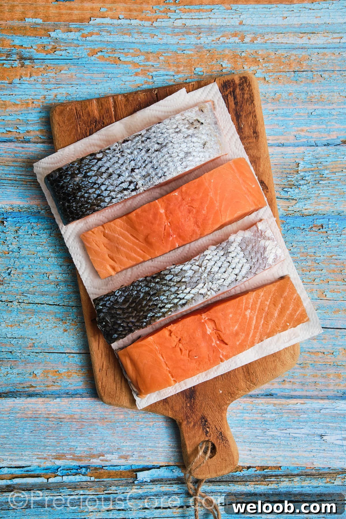 Patting salmon dry with paper towels.