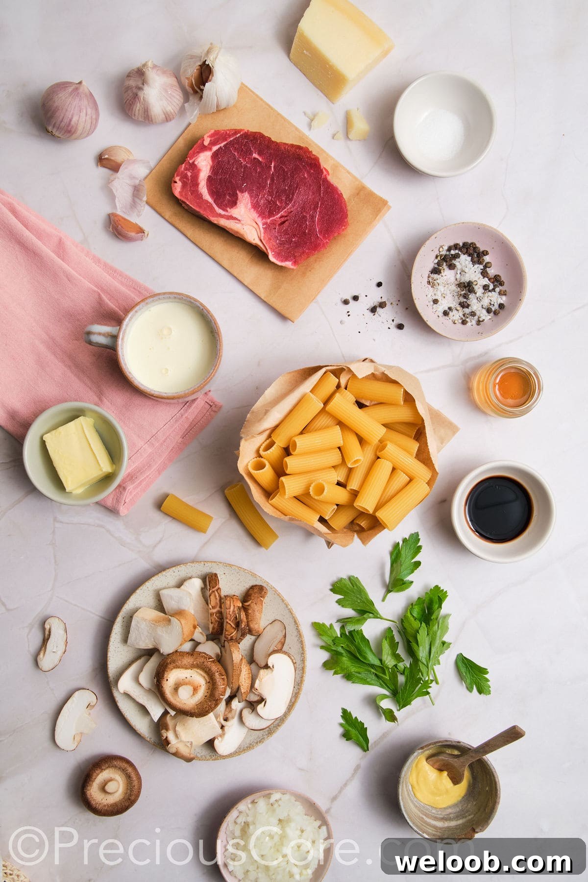 Ingredients for steak and mushroom pasta.