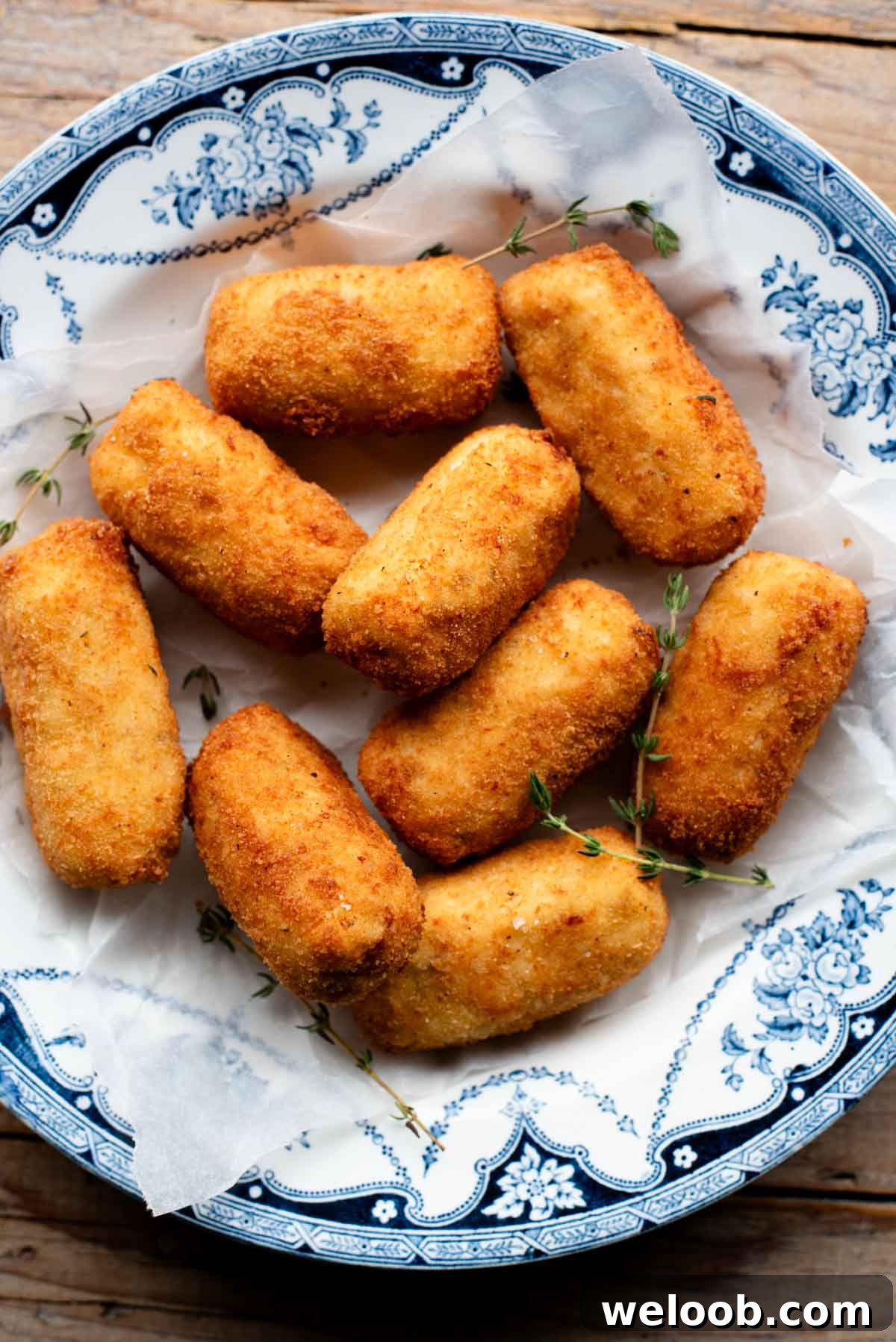 An overhead shot of chicken croquettes in a blue bowl with sprigs of thyme.