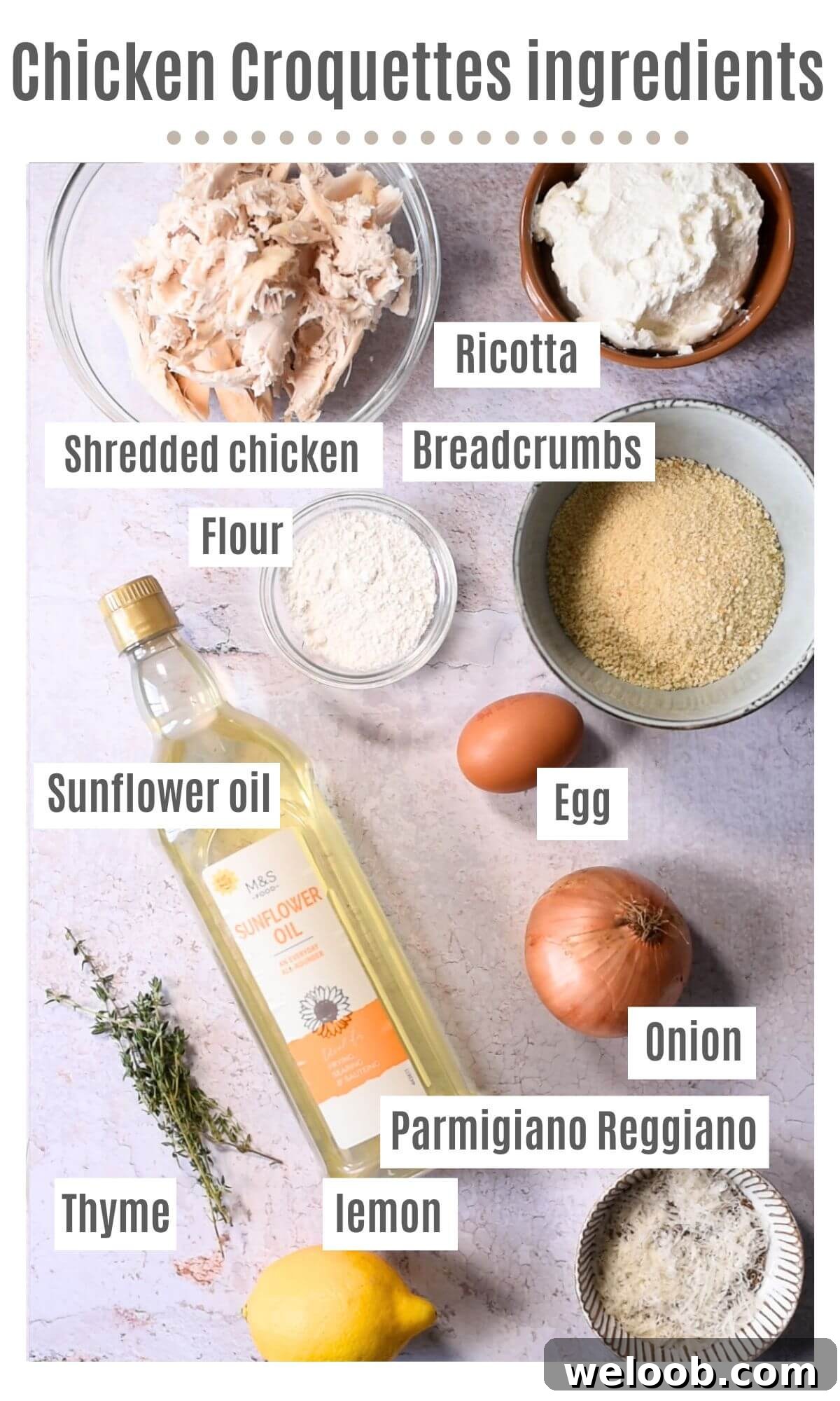 An overhead shot showing all the ingredients you need to make chicken croquettes.