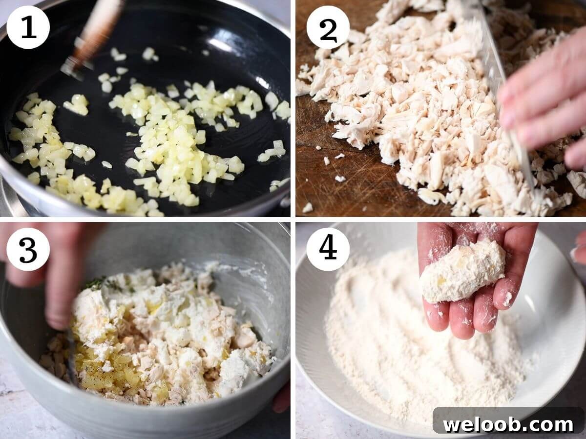 Four photos in a collage showing how to make chicken croquettes with ricotta cheese.