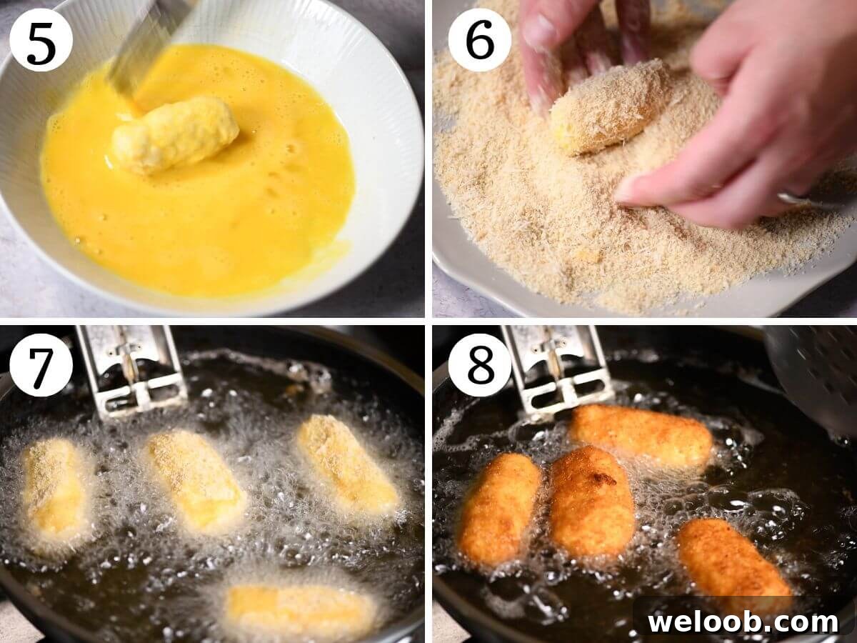 Four photos in a collage showing how to bread and fry chicken croquettes.