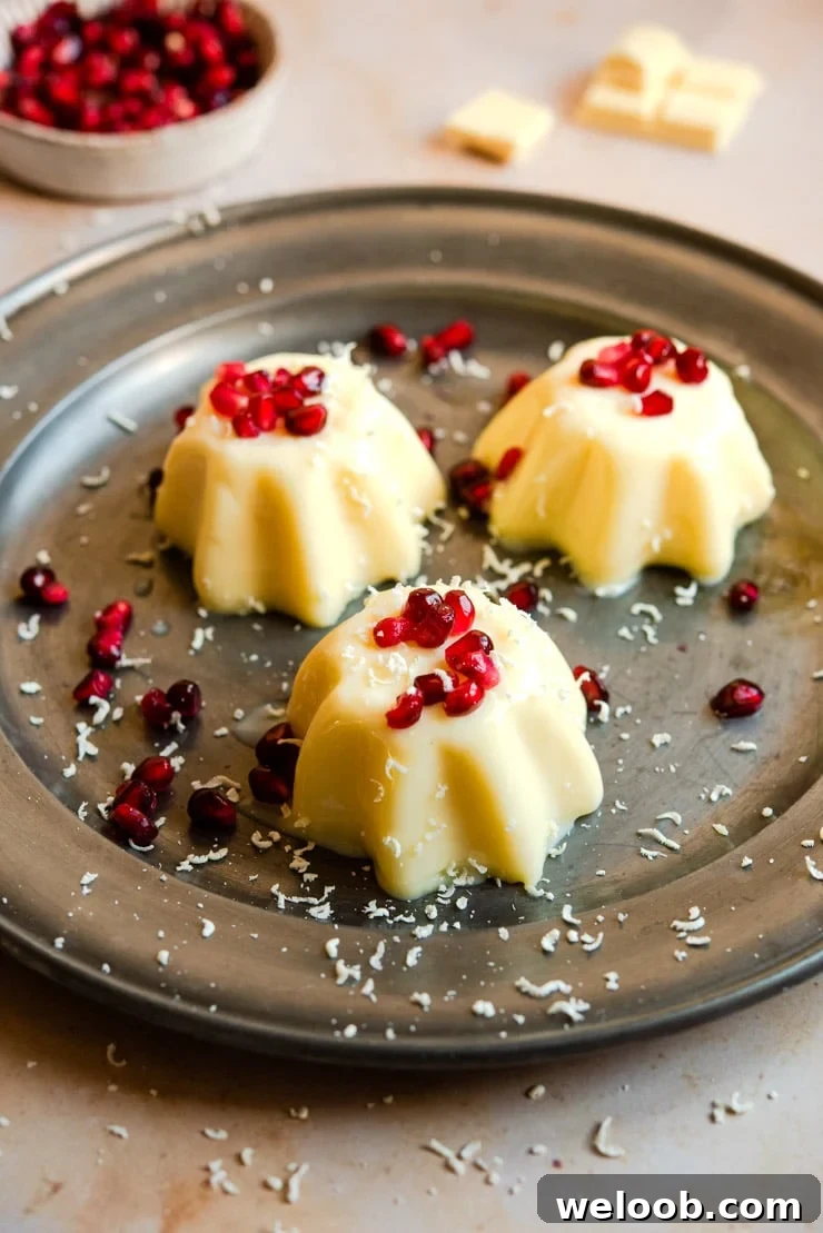 White chocolate panna cotta on a serving plate with pomegranate
