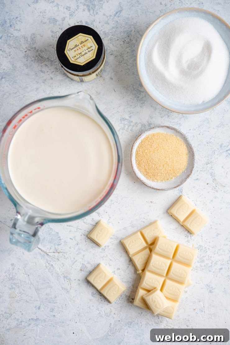 All the ingredients for making white chocolate panna cotta