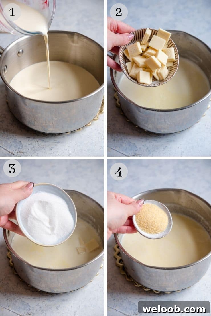 Step by step photos showing how to make white chocolate panna cotta