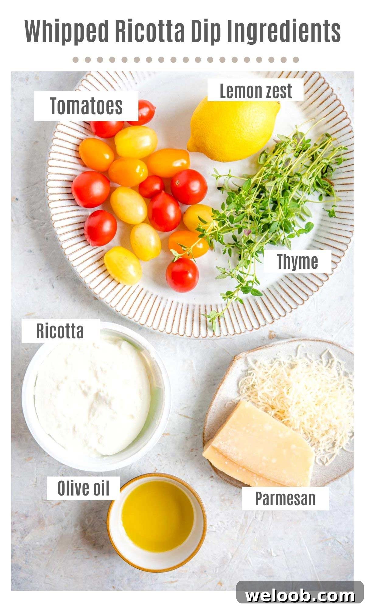 An overhead shot of all the ingredients you need to make whipped ricotta dip with tomatoes