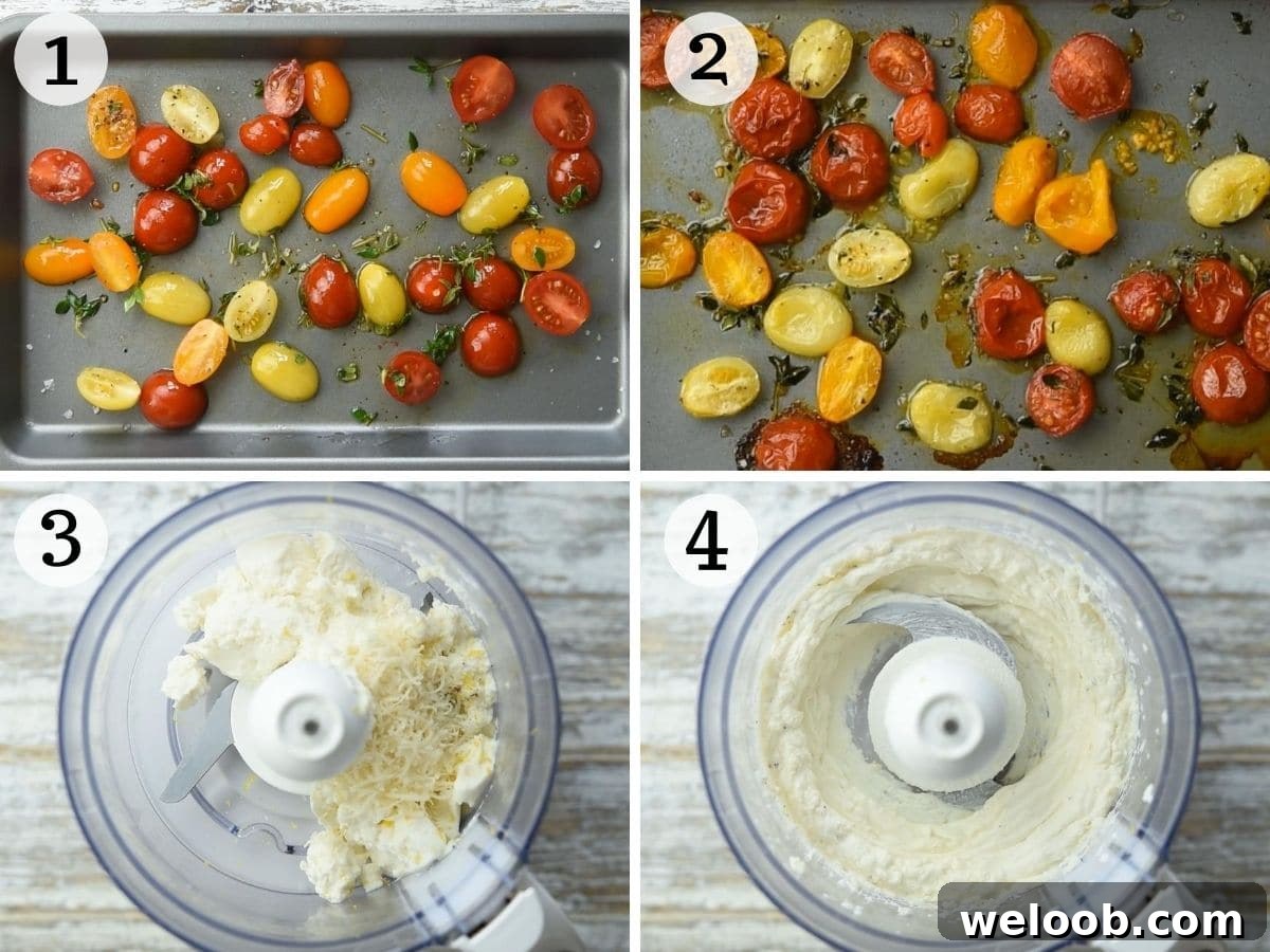 Step by step photos showing how to make a whipped ricotta dip with roasted tomatoes
