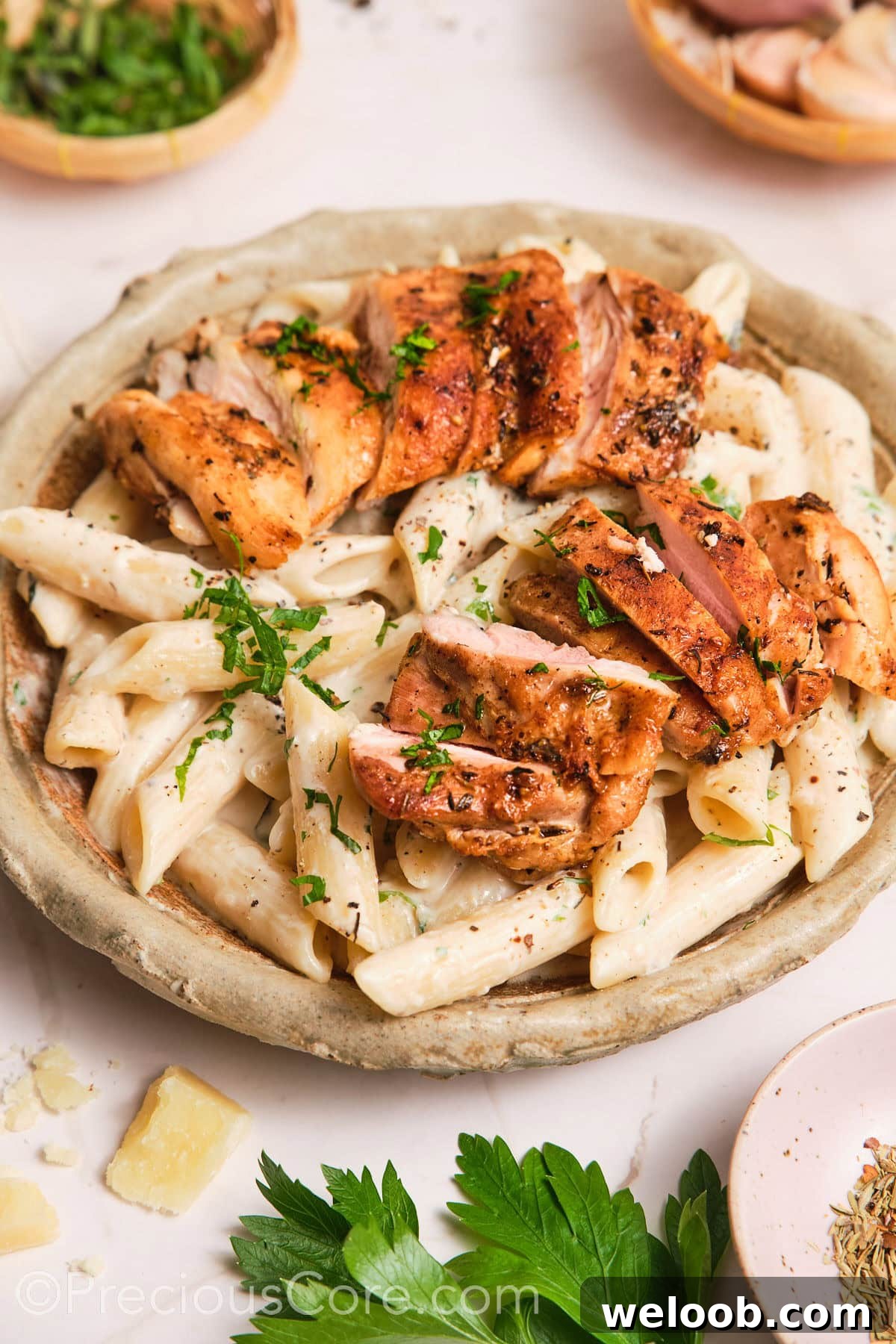 Creamy pasta in a bowl, topped with pan-seared chicken.