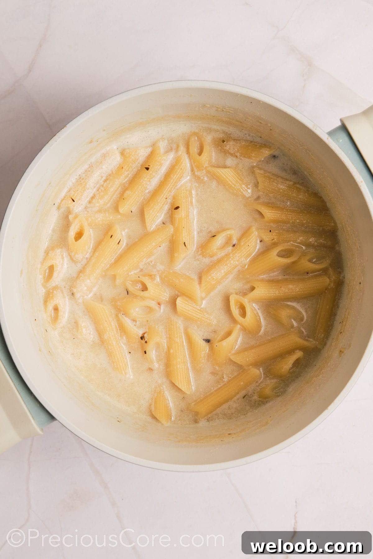 Pasta absorbed creamy liquid.