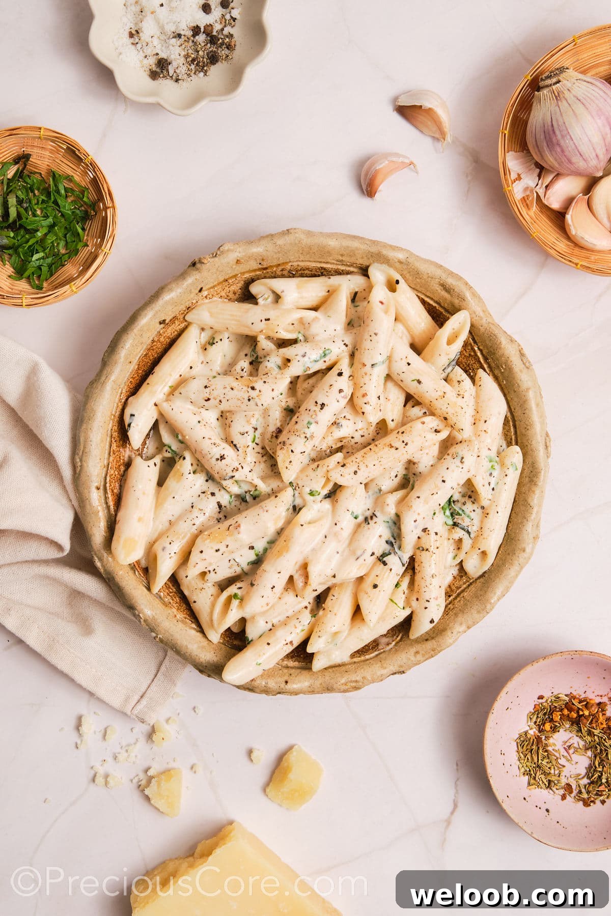 Creamy pasta served in a bowl.
