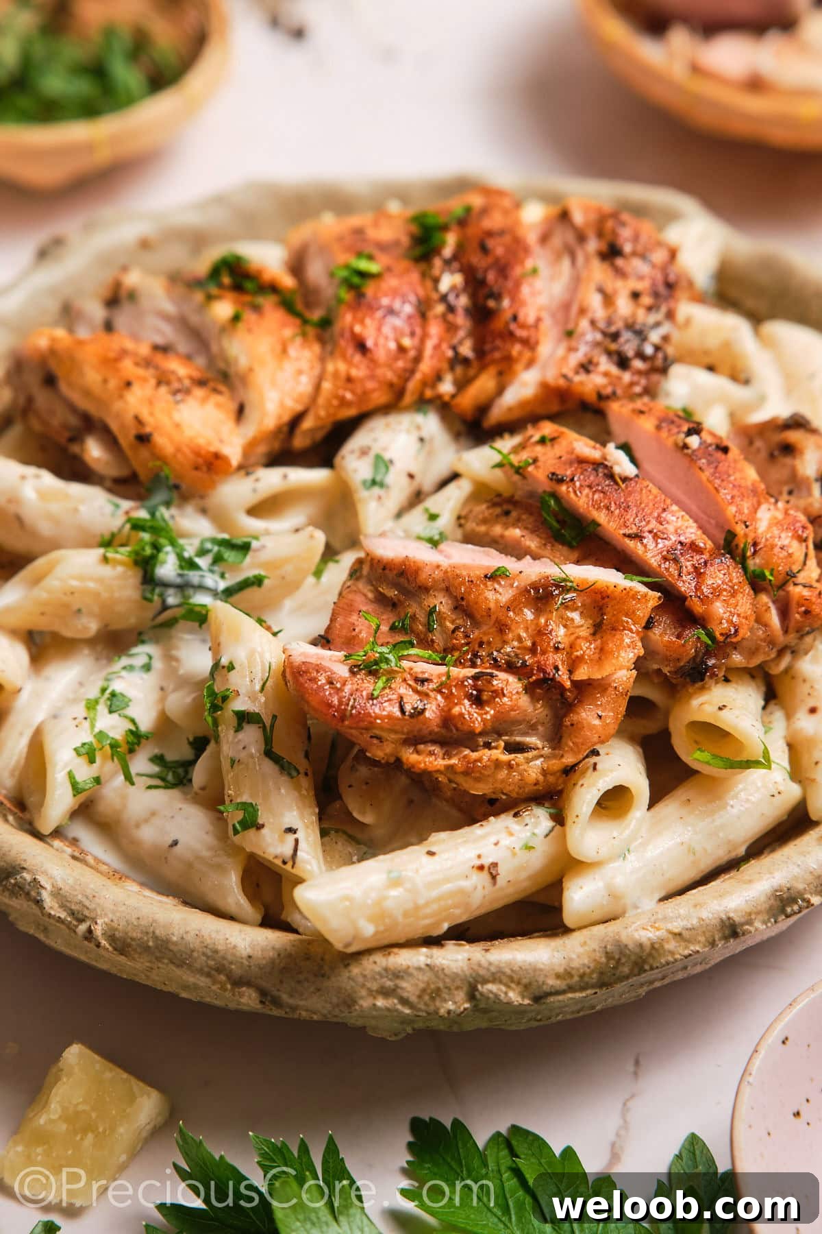 One pot creamy pasta chicken in a bowl.