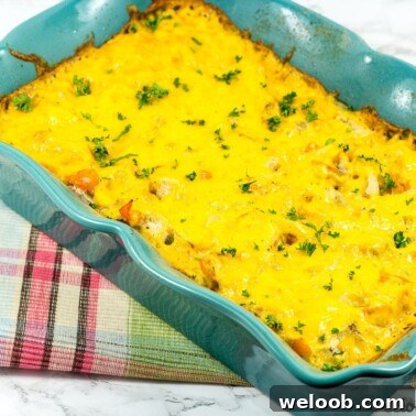 Chicken and rice casserole made in the oven. One-pan dinner recipe.