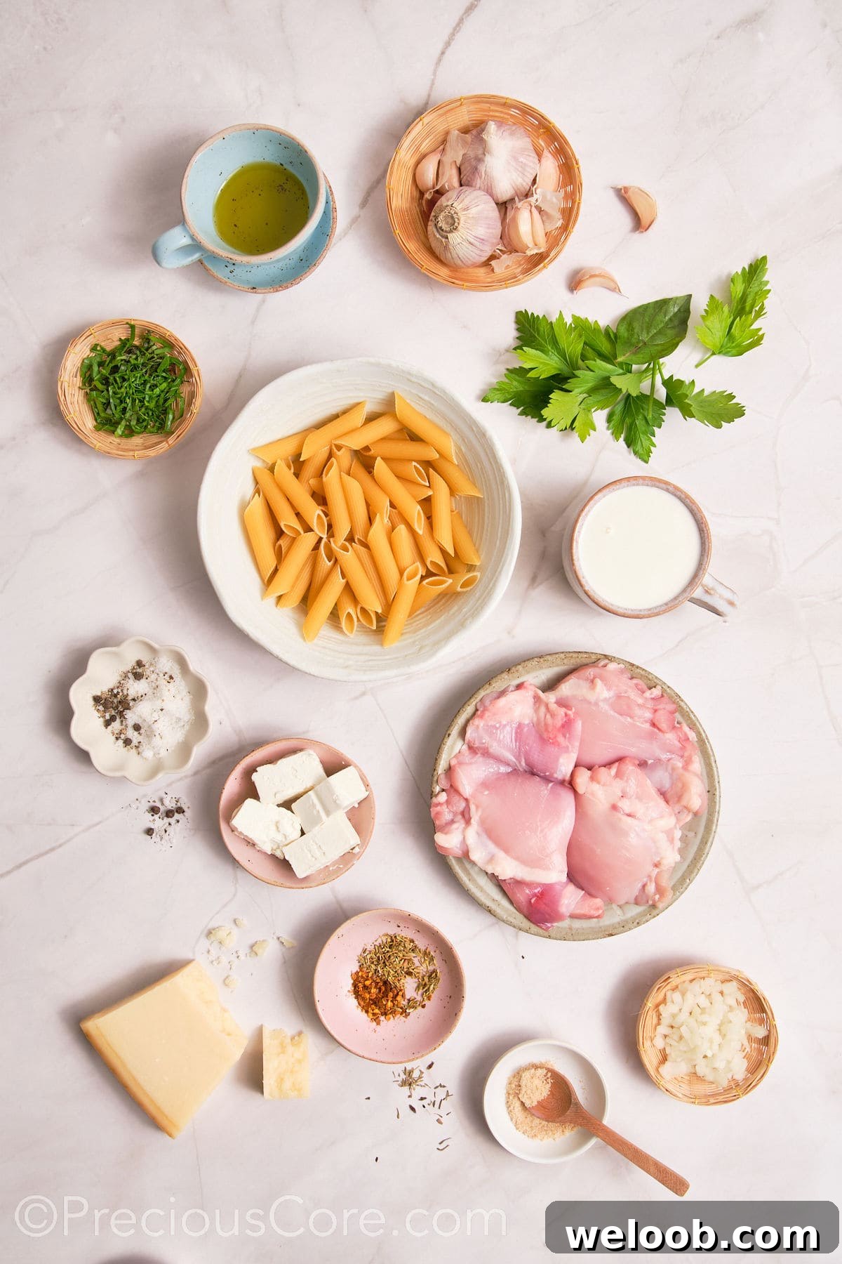Ingredients for one pot creamy chicken pasta.