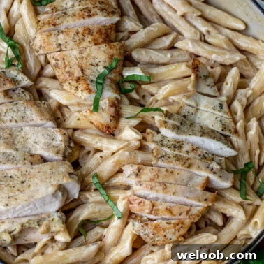 Square image of creamy garlic parmesan chicken pasta.