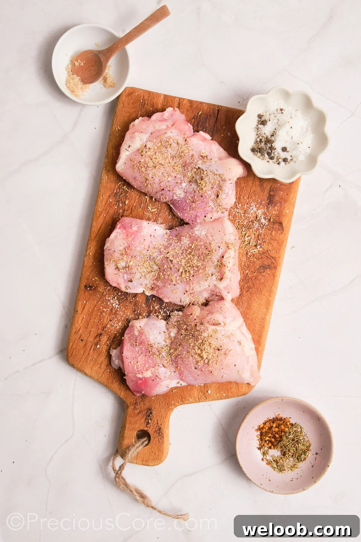 Seasoning chicken on a chopping board.