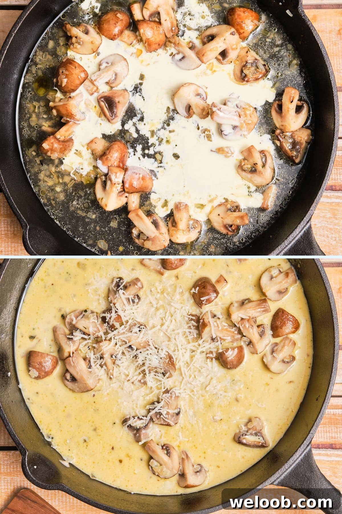 Making creamy mushroom sauce for pasta.
