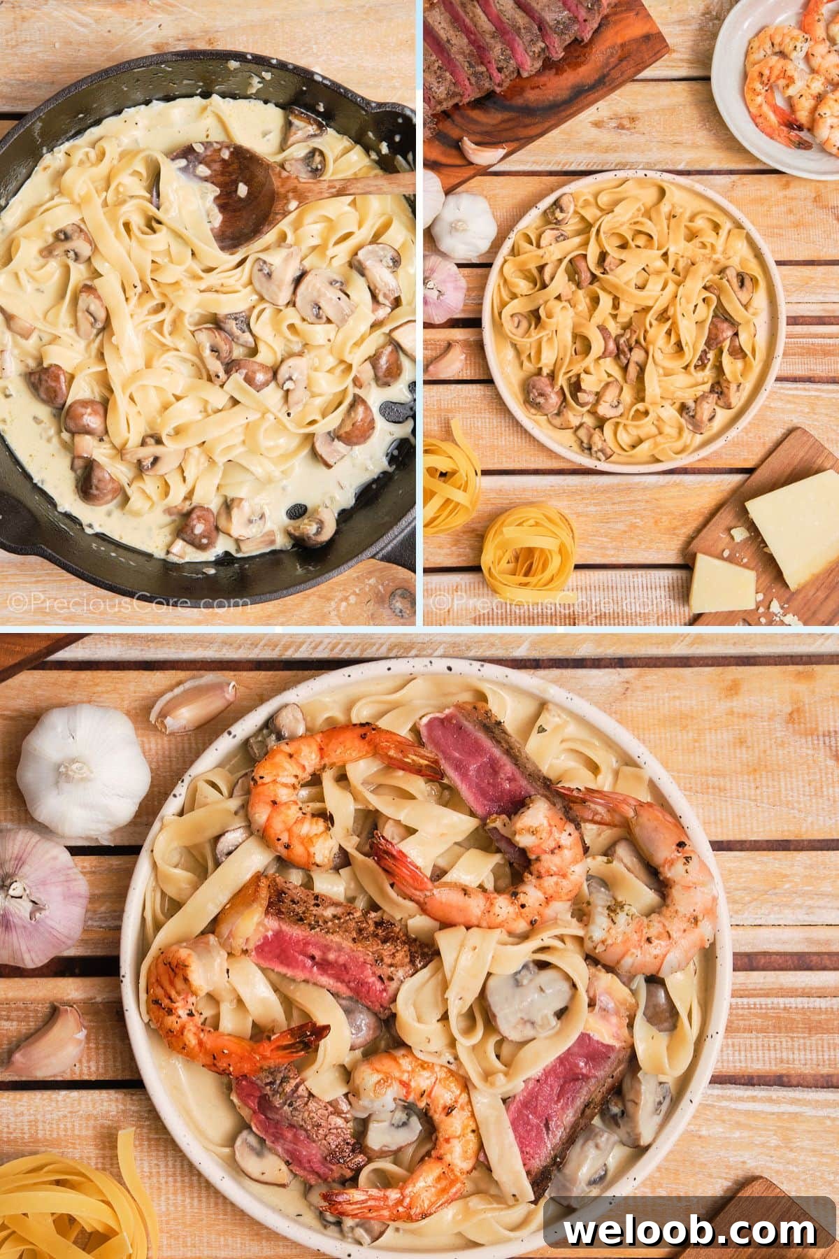 Tossing pasta in creamy sauce and serving.