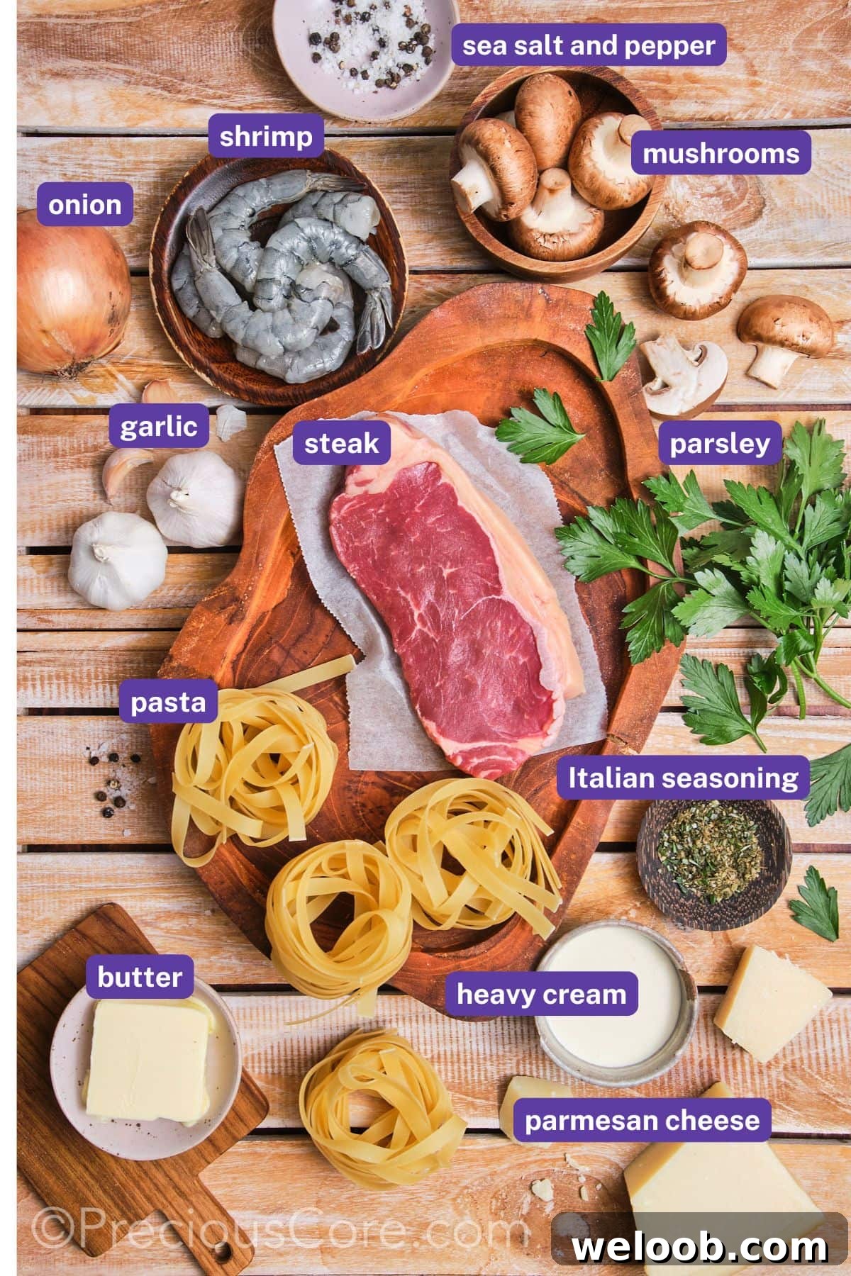 Shrimp and steak pasta ingredients labeled.