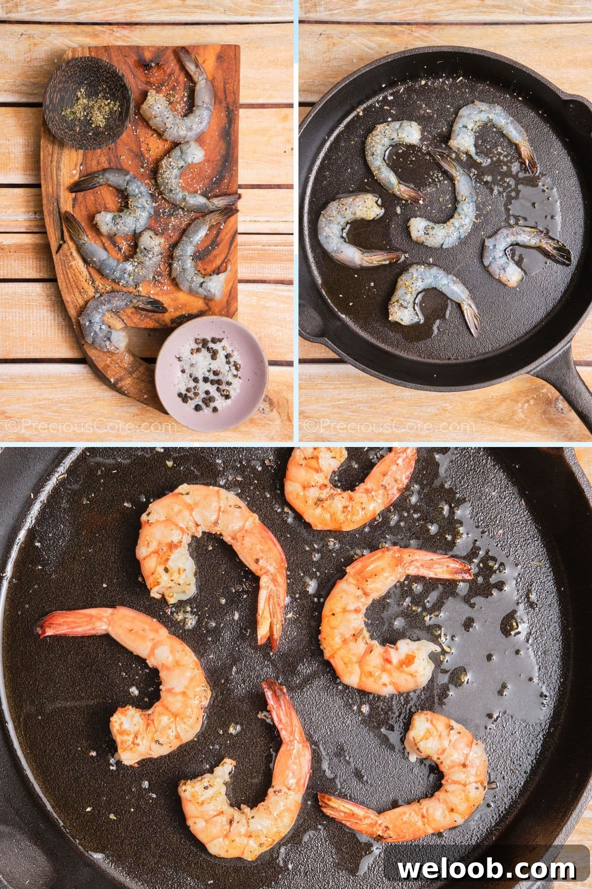 Collage showing seasoning and cooking shrimp.