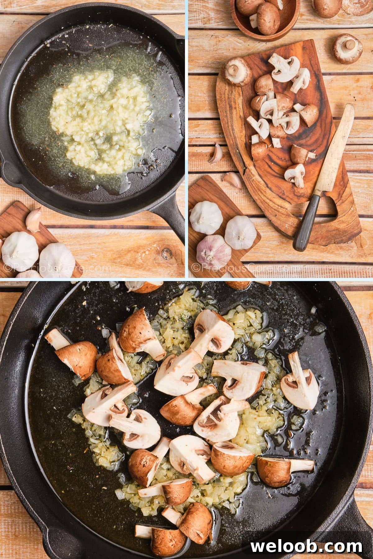 Sautéing onion, garlic, and mushrooms.