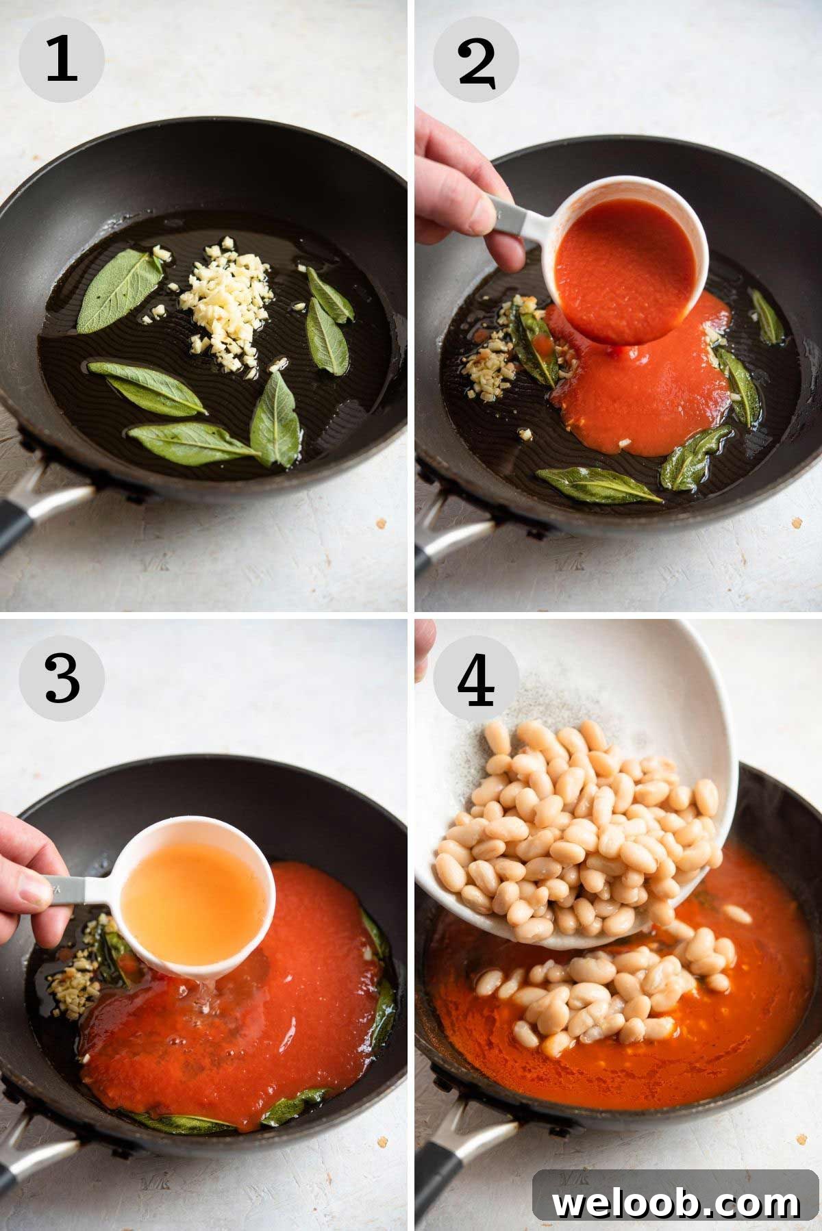 Step by step photos showing how to make fagioli all'uccelletto (beans in tomato sauce)